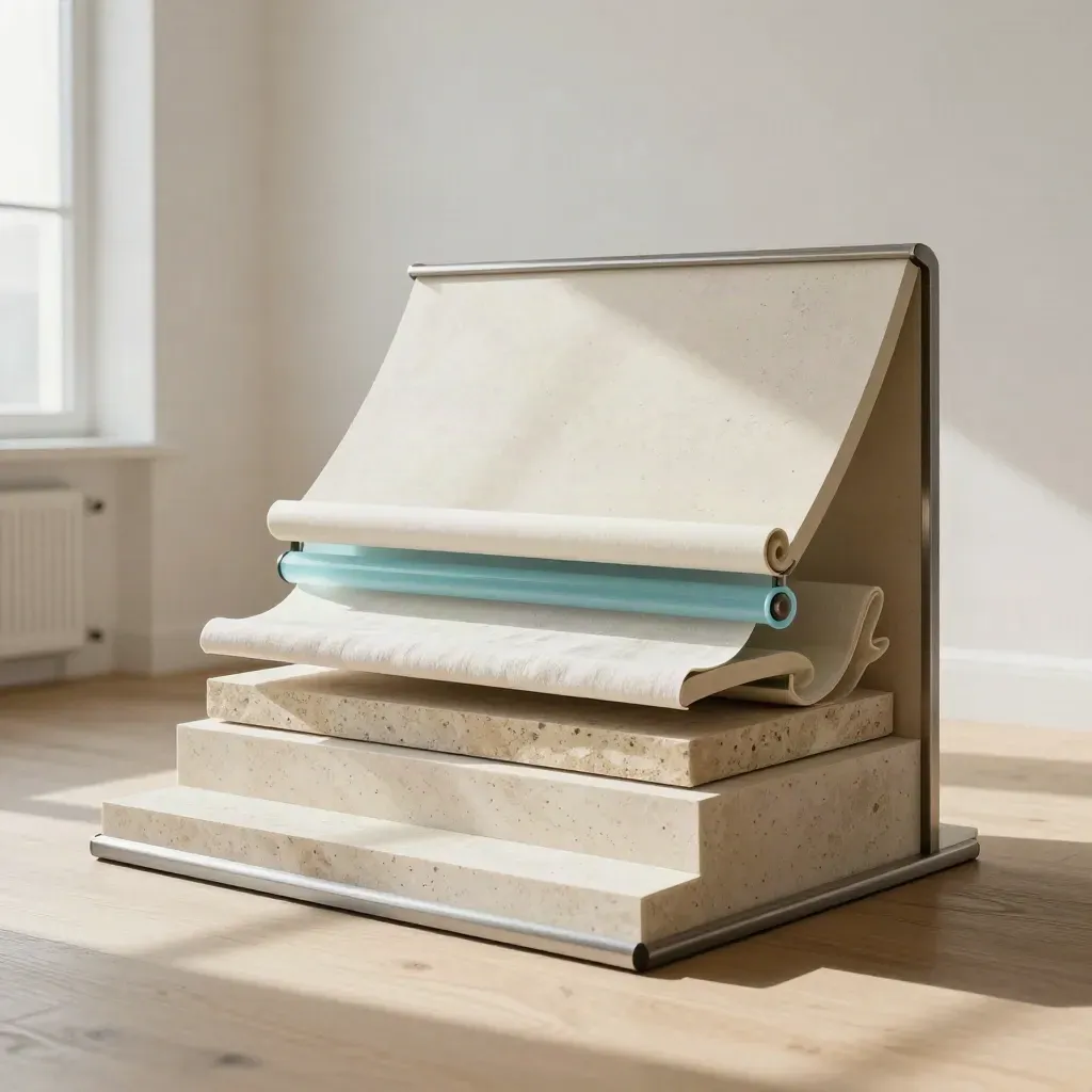 Layered neutral panels and a cyan scroll cue in a bright studio.