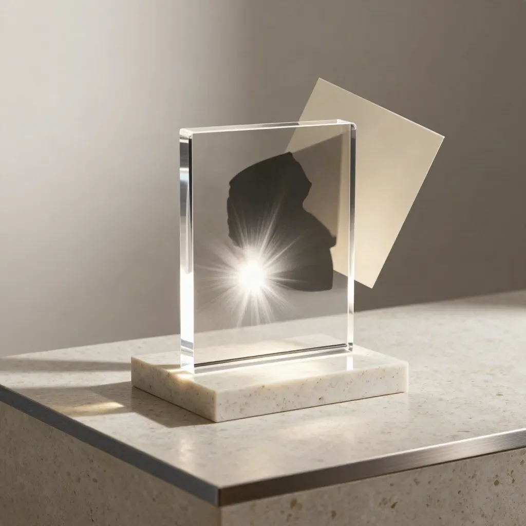 Glowing acrylic hero build with shadow cards and travertine base in dramatic light