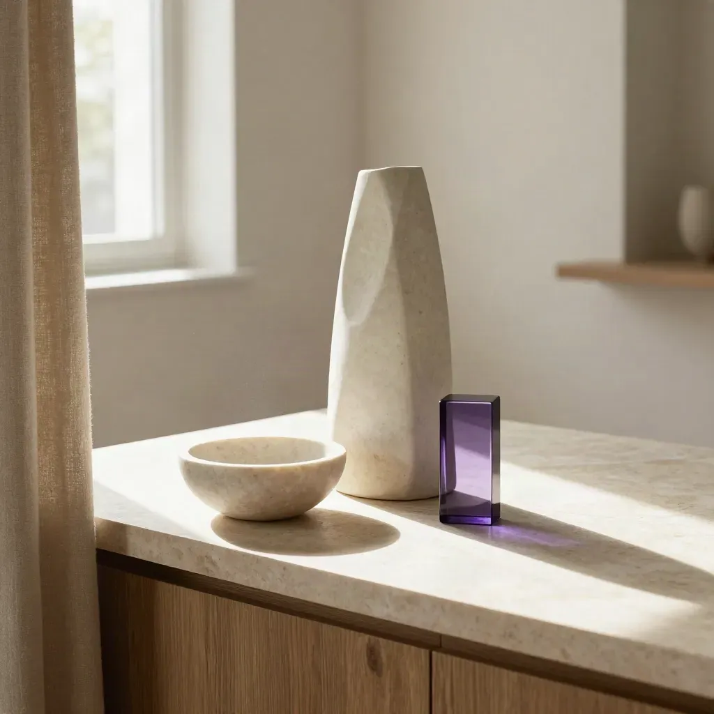 Sunlit editorial interior still life with plaster sculpture, travertine bowl and violet glass