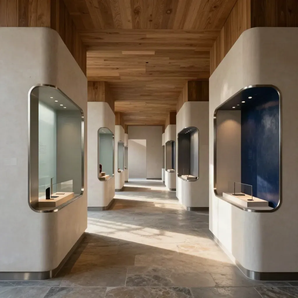 Immersive corridor with repeated display niches, warm light, stone floor, and a deep navy accent.