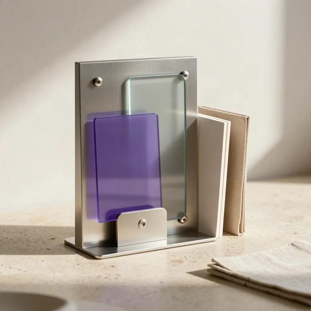 Frosted modular web display with metal, glass, and violet-tinted samples on travertine.