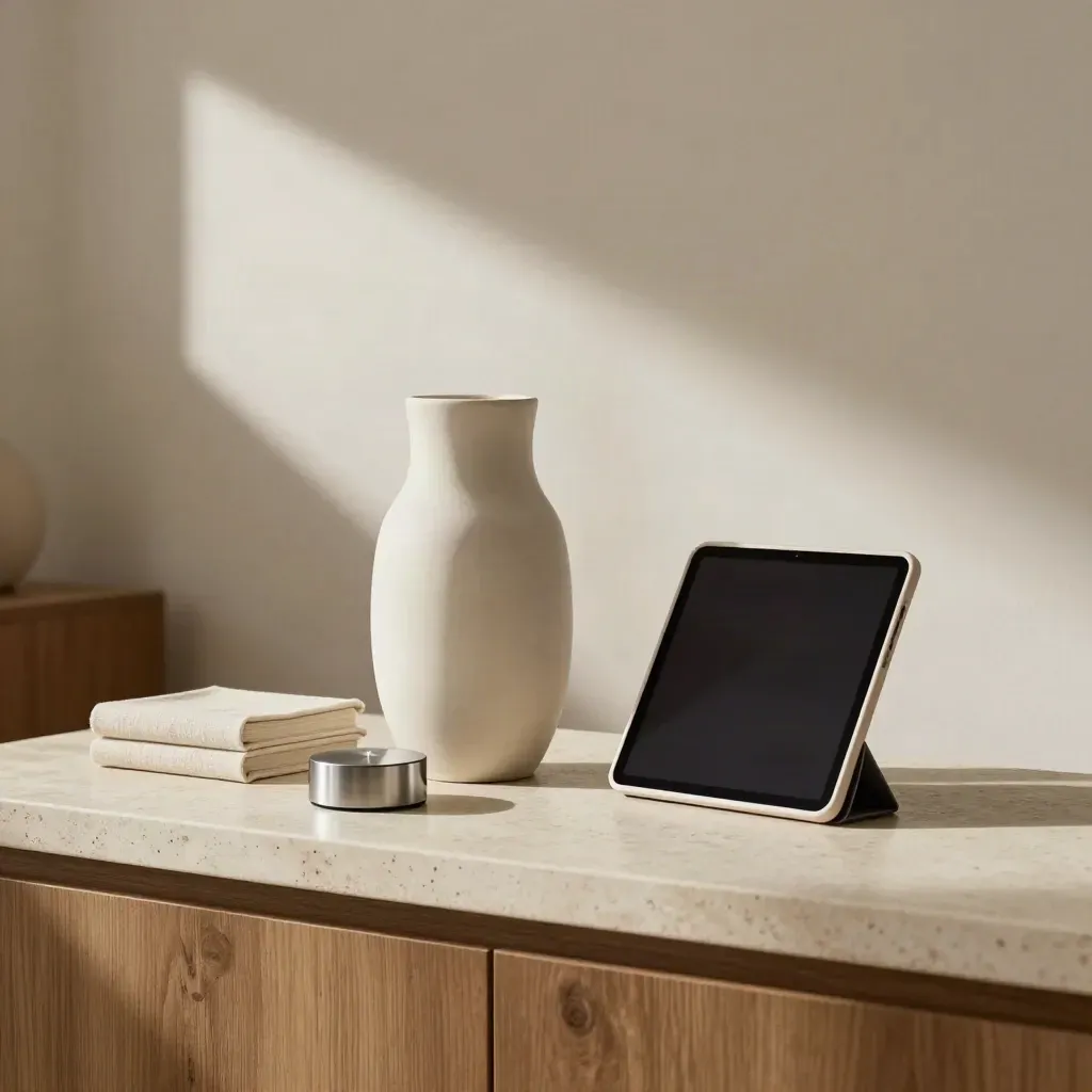 Sunlit console vignette with sculptural white centerpiece and pared-back studio objects