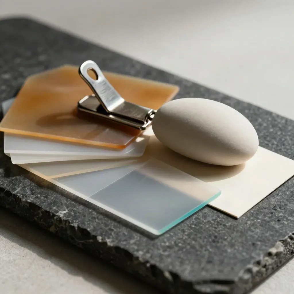 Acetate swatches, steel clip and ceramic form on dark stone under hard studio light.