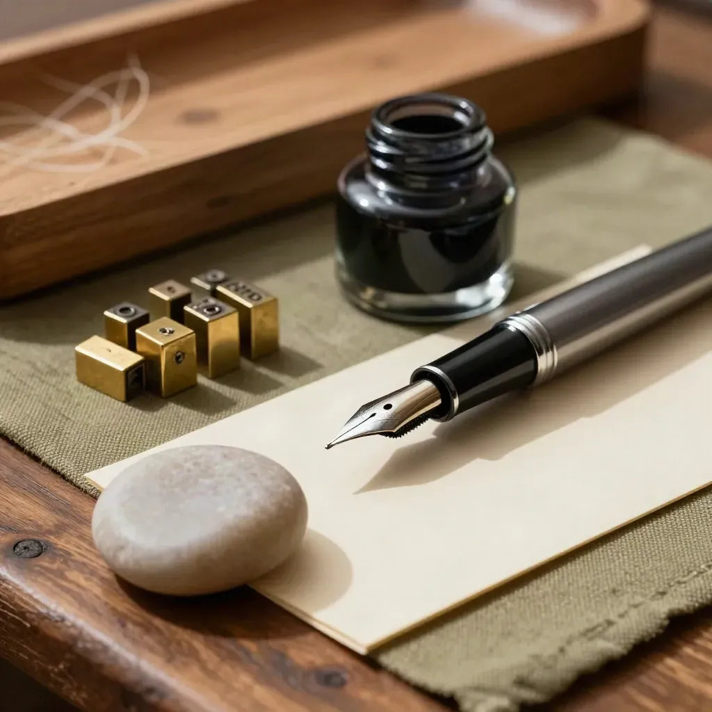 Macro still life of pen nib, brass type blocks, inkwell and stone-weighted card on a walnut bench
