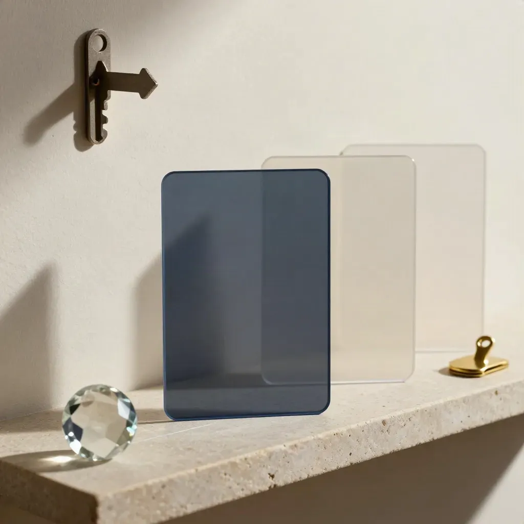 Translucent cards, glass weight and brass clip on stone, a planning route map in soft light.