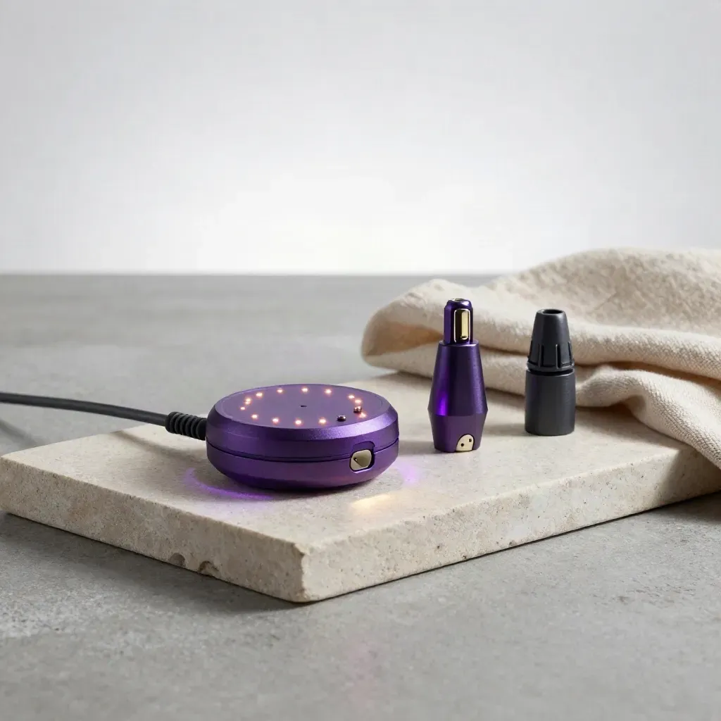 Docked control puck with glowing indicators, cables, and linen on a stone tray