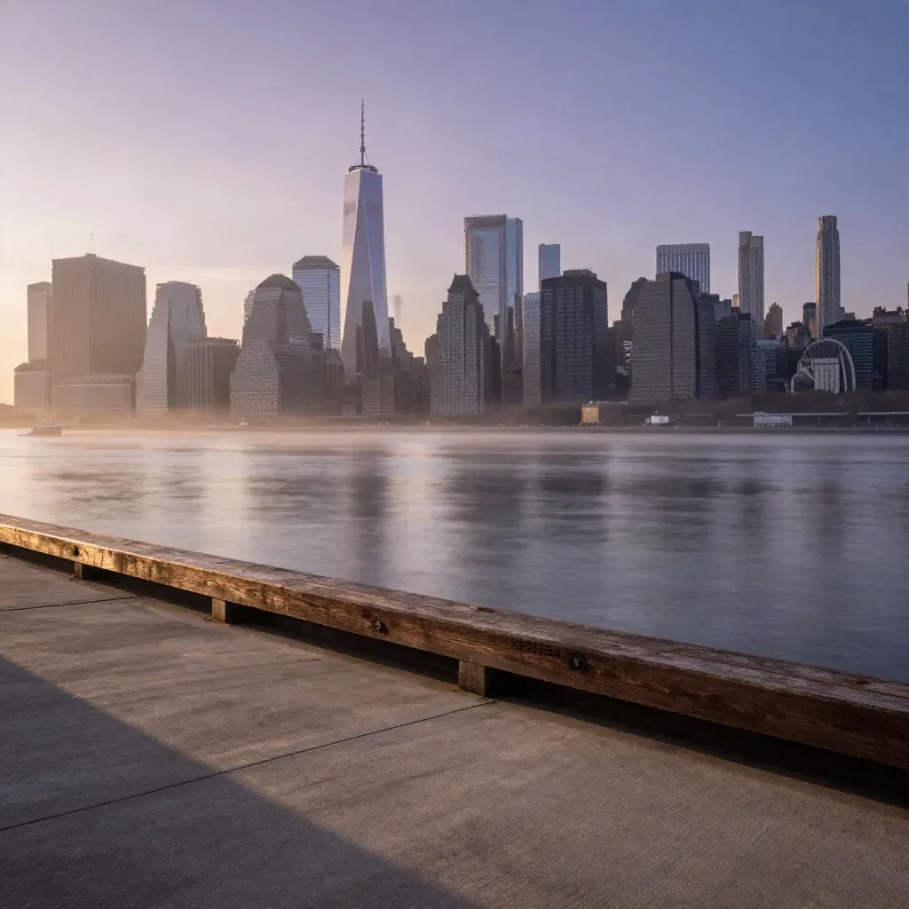New York Metro skyline and bridge above misty calm river with warm pier edge