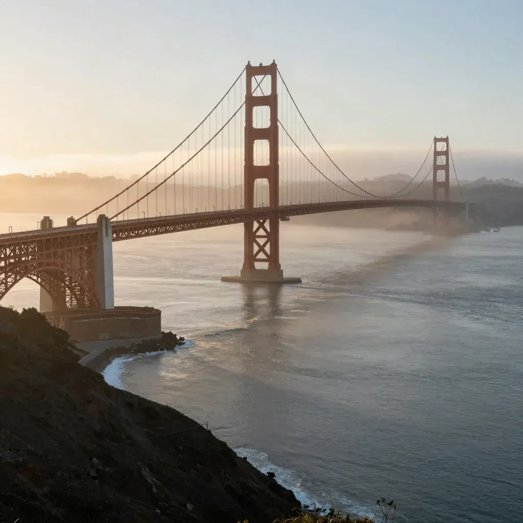Golden Gate Bridge above foggy San Francisco Bay at sunrise, wide atmospheric vista.