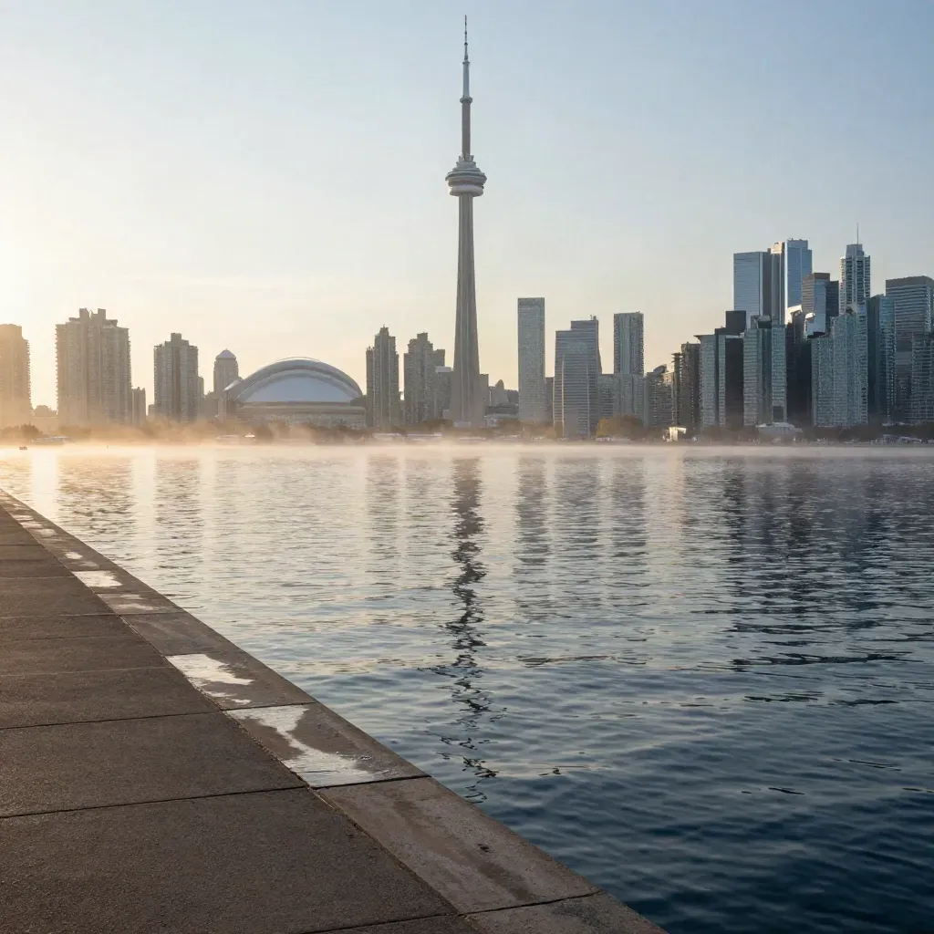 Toronto harbour and skyline at sunrise, with calm water, mist, and the tallest tower high in frame.